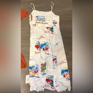 White Map-Print Summer Dress with Multicolor Illustration